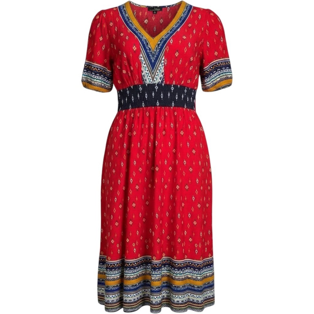 Suzanne Betro Red Boho Geometric Print Vneck batik blue yellow polyester M dress